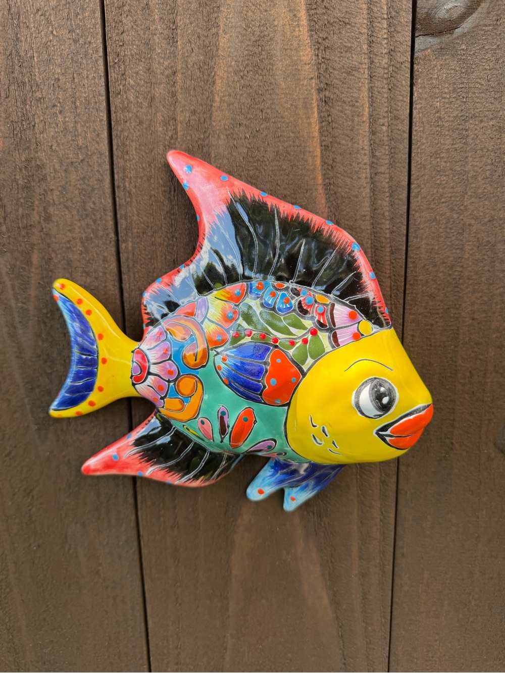 Hand-Painted Yellow Multi-Color Talavera Fish Wall Decor